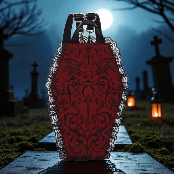 Widow ✦ Vegan Leather Coffin Backpack ✦ Gothic Brocade Lace Trim OS NWT - Picture 3 of 12